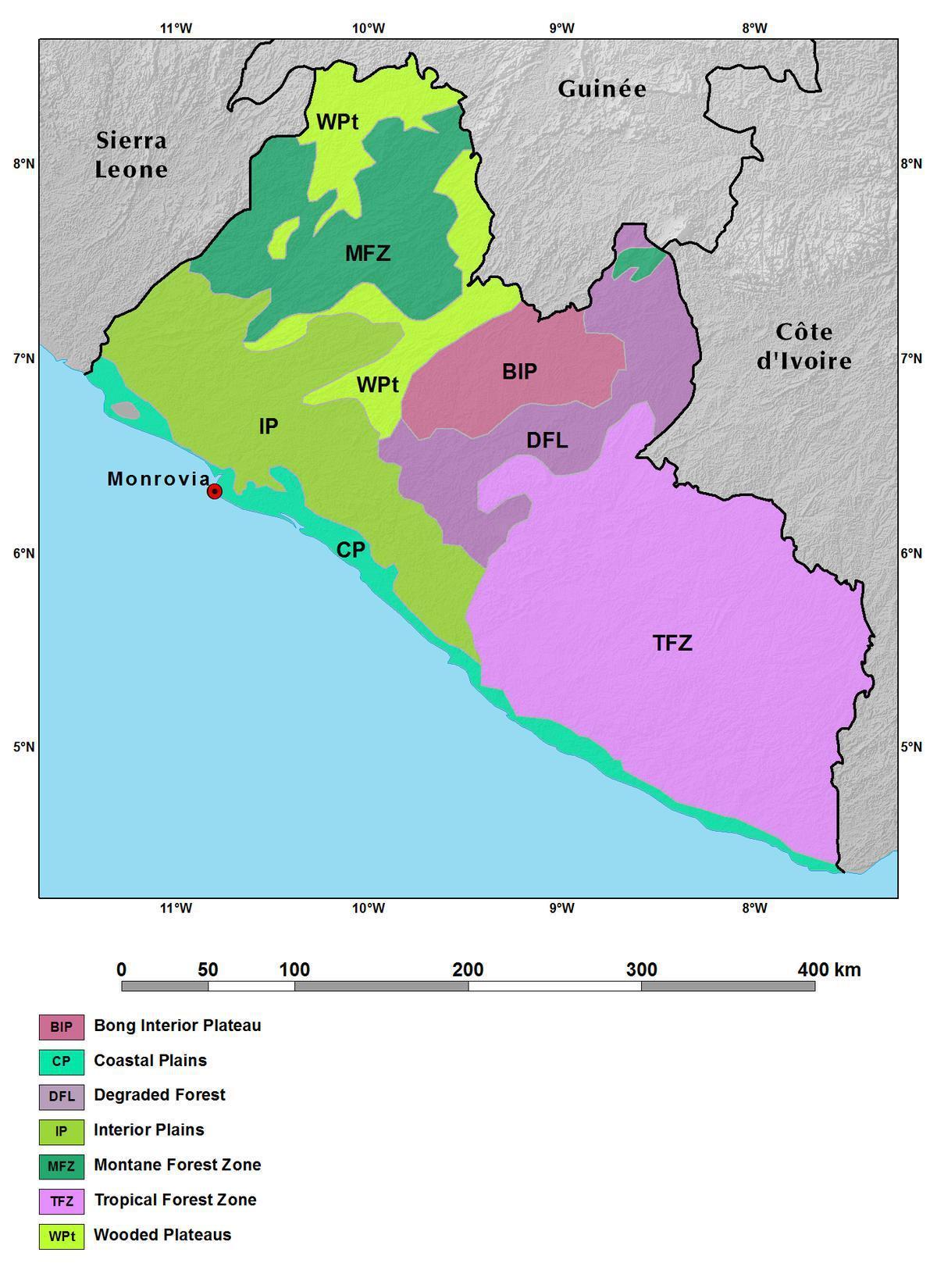 mapa Libéria horách