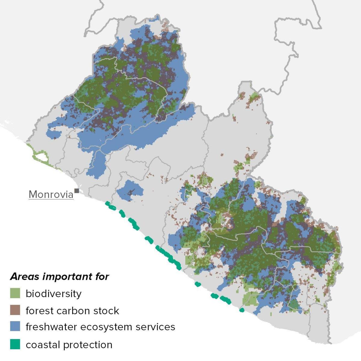 mapa Libéria prírodných zdrojov