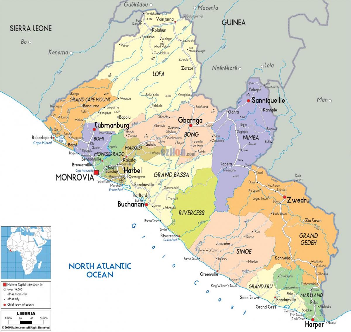 politická mapa Libéria